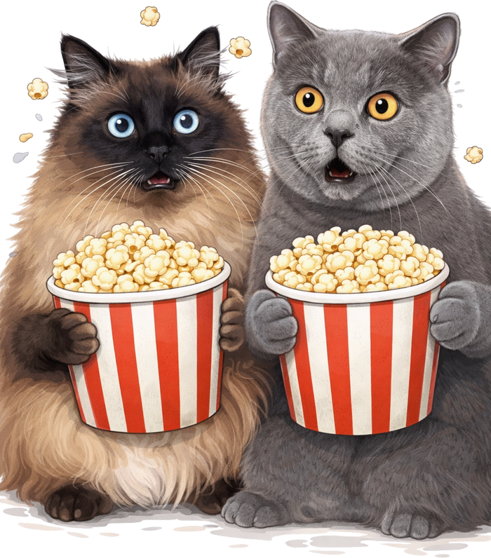 Two shocked cats with popcorn